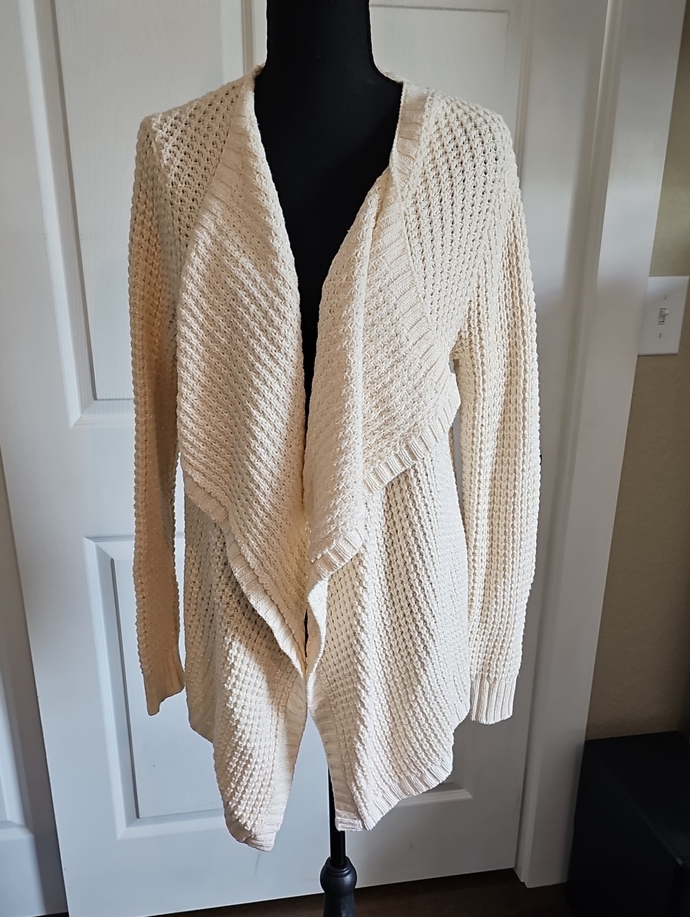 LOFT Cream Open-Front Draped Knit Cardigan